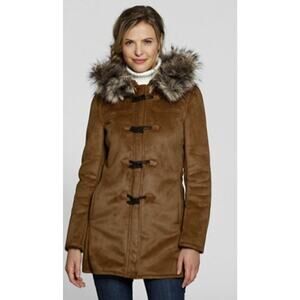 LANDS END Faux Suede Sherpa Shearling Penny Lane Fur Hooded Toggle Parka Coat XL